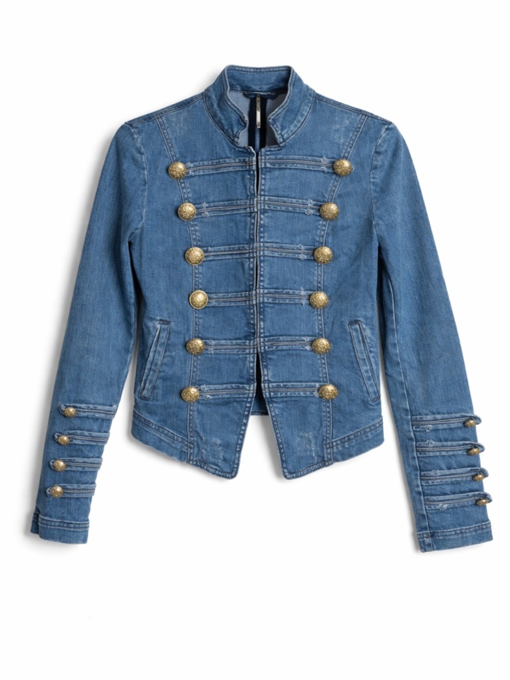 Free People Military Denim Jacket Gold Button Band Jacket XS - Picture 2 of 10